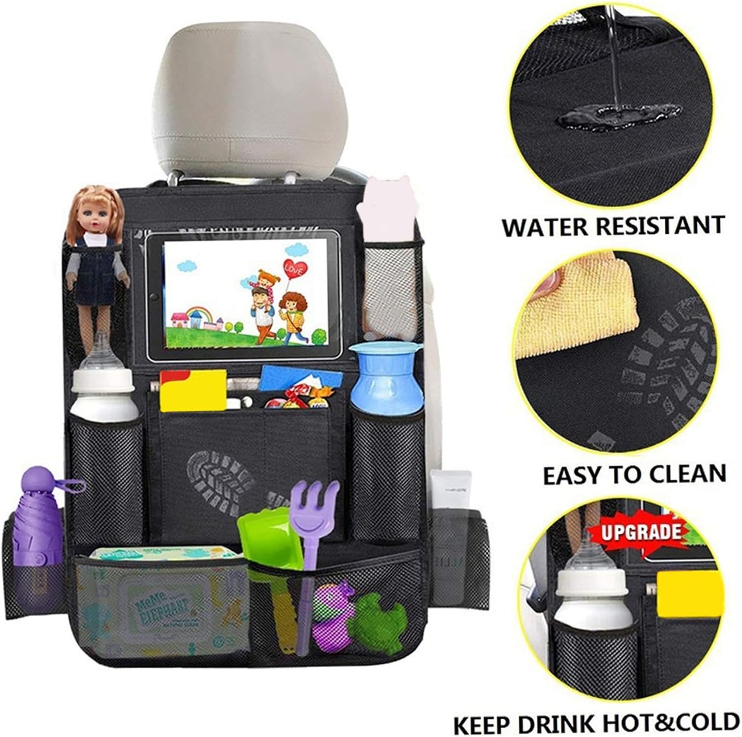 19x24 Inch Waterproof Car Backseat Organizer with Tablet Holder & Mesh Storage Bag, Fastening Straps Car Caddy Organizer for Kids, Travel, Road Trips image 4
