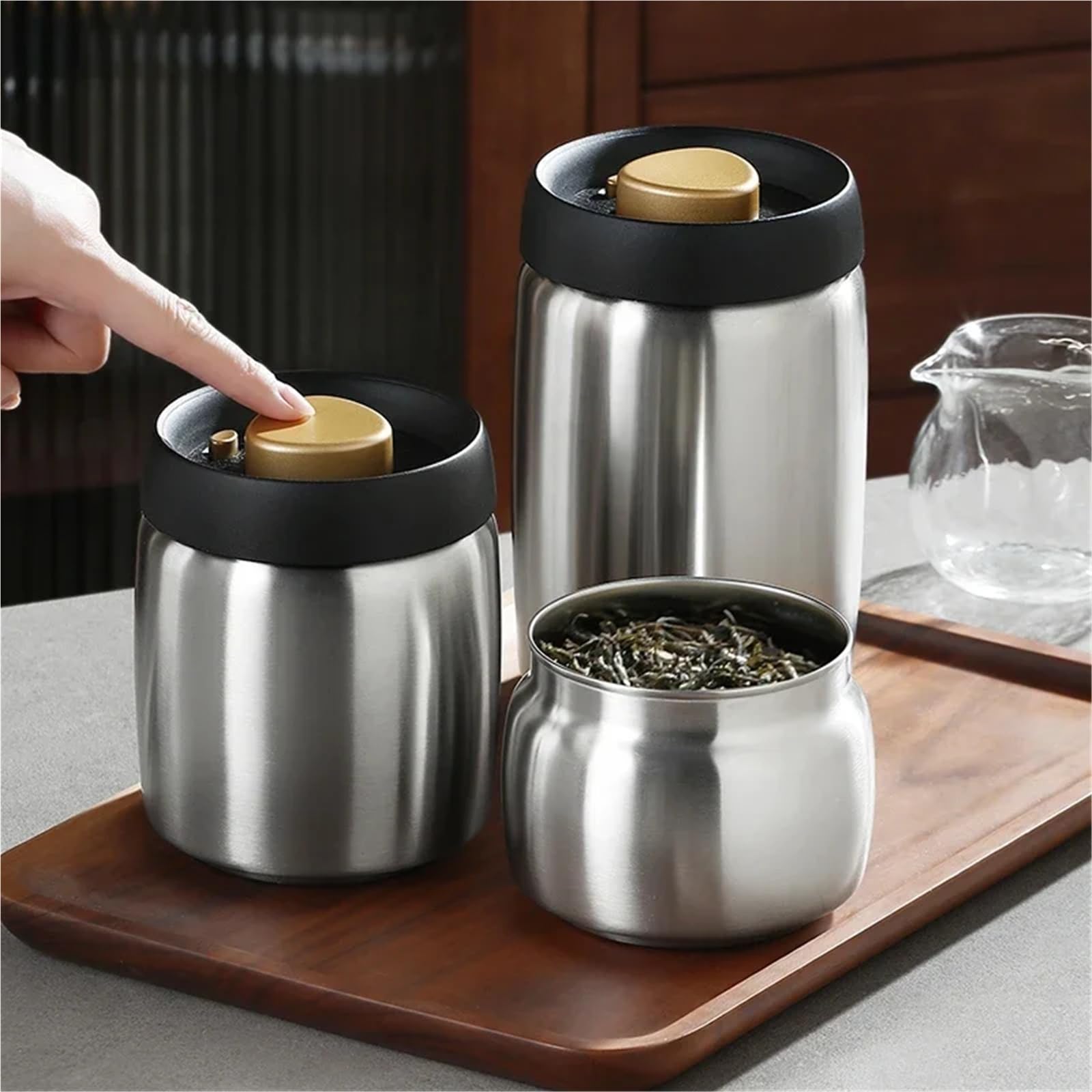 Caja De Te Recipiente hermético de Acero Inoxidable for té, Resistente a la Humedad, for el hogar, Prensa al vacío, for Granos de café (Black1200ml)