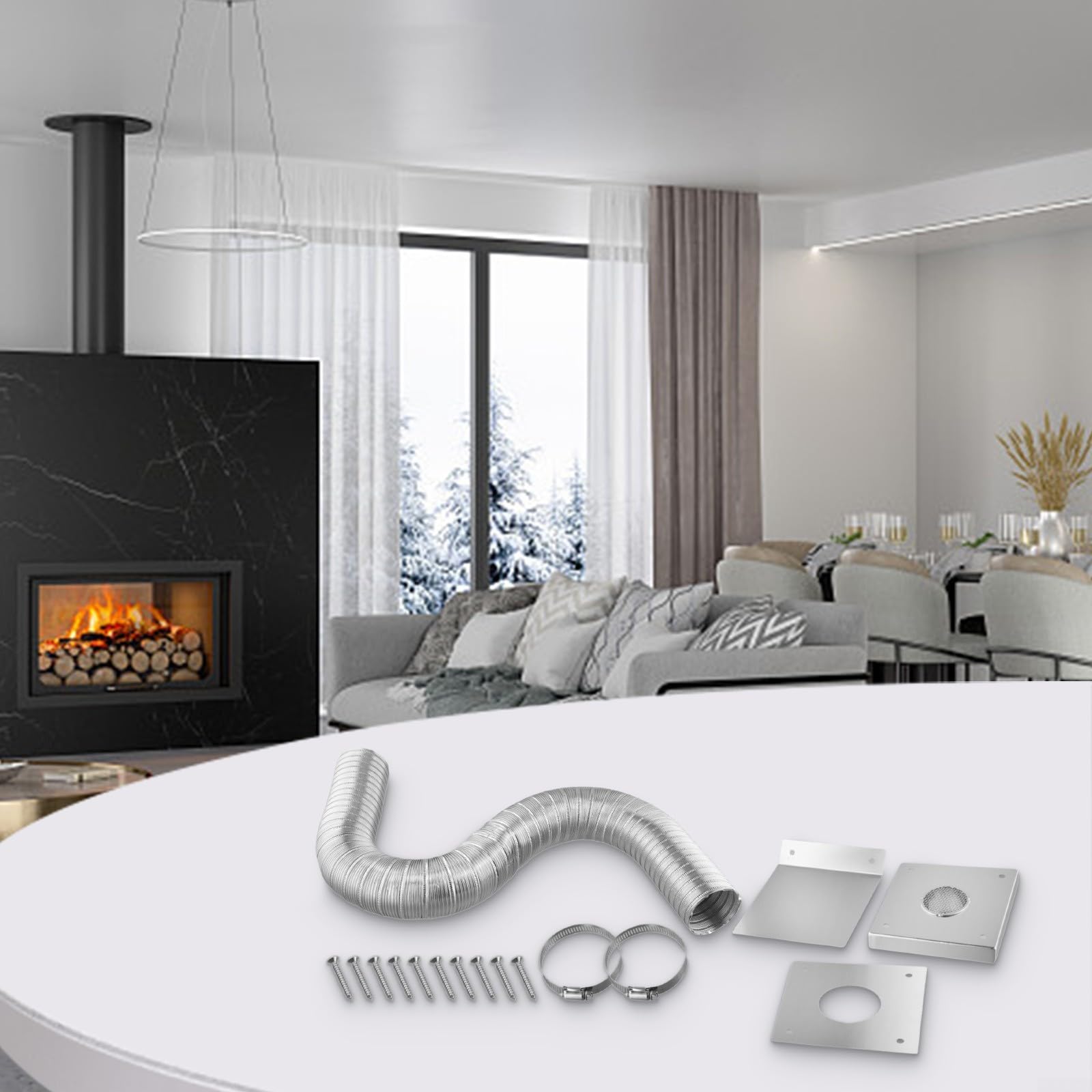 Kit de entrada de aire fresco para estufa de pellets, tubo flexible de aluminio de 2 pulgadas con abrazaderas de placa de pared de acero inoxidable y campana de lluvia para instalación de ventilación