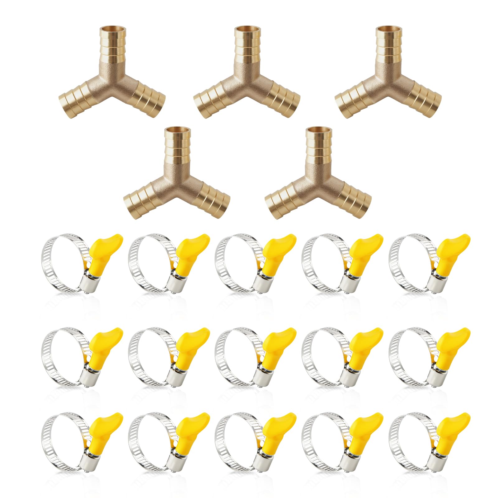 5 Pcs 12mm Y-Shaped Brass Three-Way Hose Barb Joints Fuel Hose Connector Adjustable Pipe Clamps Kits
