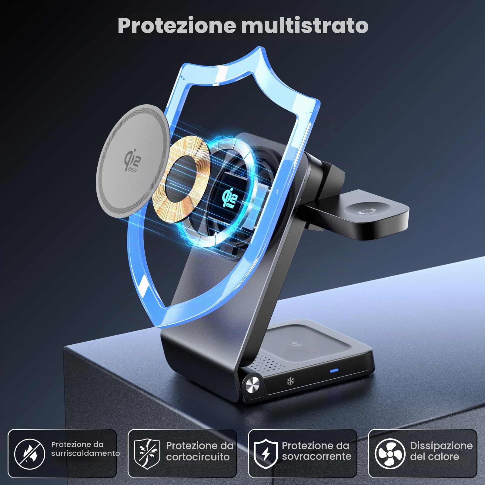 CloudValley 3 in 1 caricatore wireless per apple, Qi 2.2 25 W Ricarica rapida, compatibile con MagSafe, Robusto e durevole, Dissipazione attiva del calore, Portatile