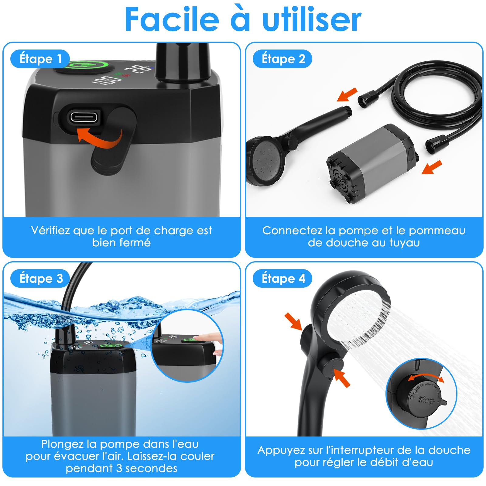 GuKKK Kit Douche de Camping, 7800 mAh Douche Portable, Pompe de Douche Électrique Rechargeable, Douche Camping avec Afficheur Intelligent, Tête de Douche Réglable et Tuyau, pour Extérieure,Camping
