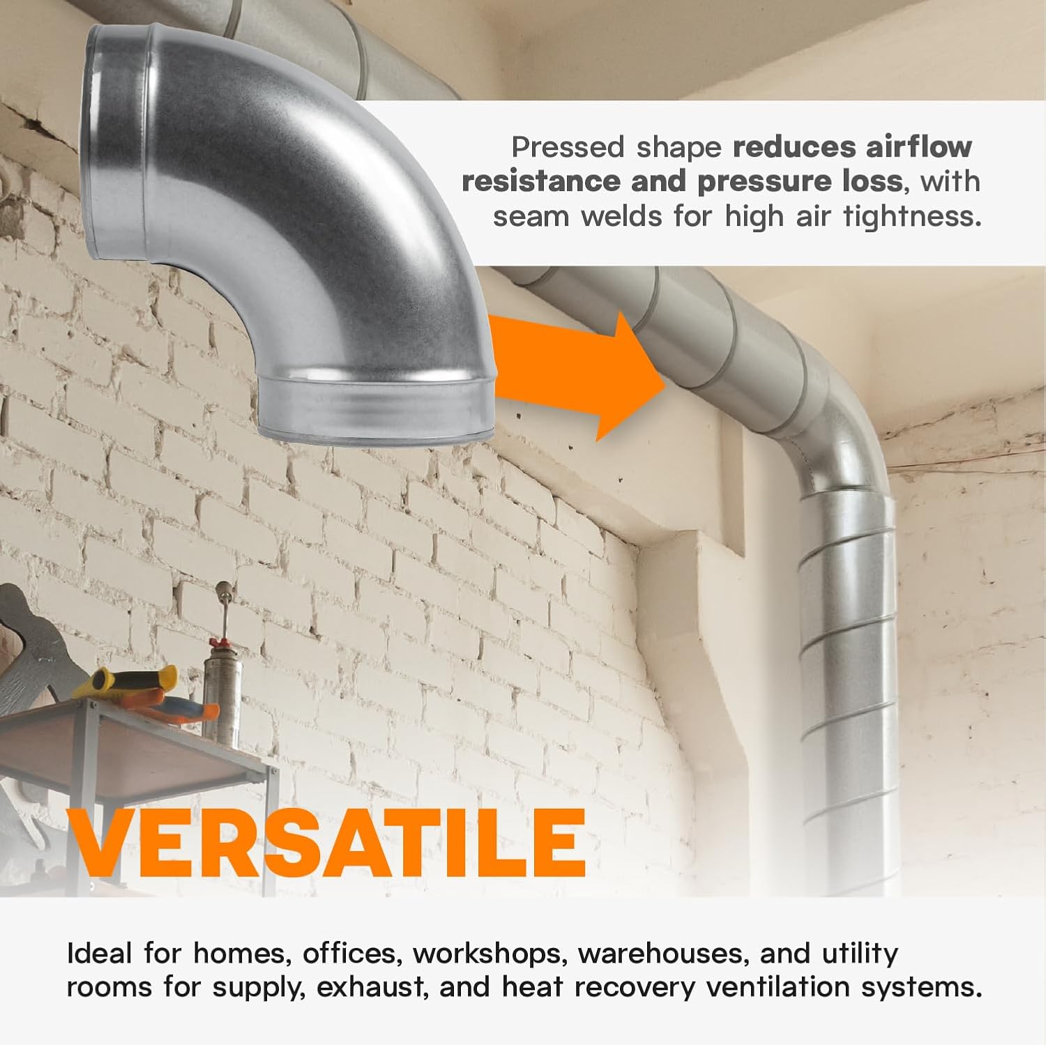 6 Inch 90˚ Degree Galvanized Steel Duct Elbow - Pressed Industrial Connector Bend - Ventilation Pipe Fitting - Dryer, Exhaust, Extractor Hood Air Inlet, Outlet Pipe Joint