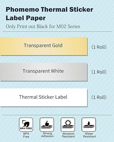 Vista 3 de Phomemo - Papel térmico autoadhesivo para impresora Phomemo M02/T02/M02 Pro/M02S/M03/M03AS/M04/M04AS, purpurina blanca/dorada/purpurina blanca
