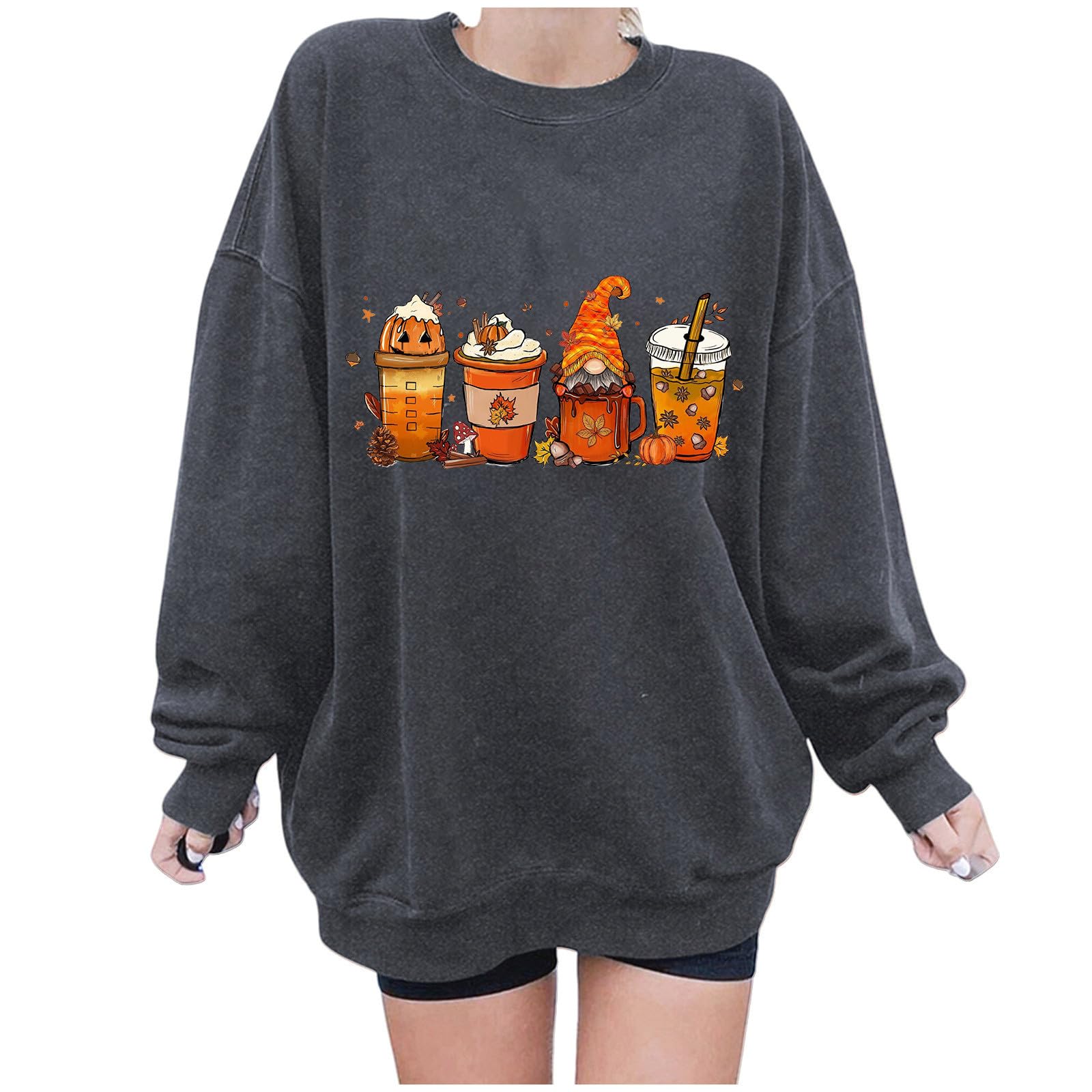 Charella Oversized Sweatshirt for Women Crewneck Long Sleeve Anime Pumpkin Ghost Spider Web Halloween Sweatshirt