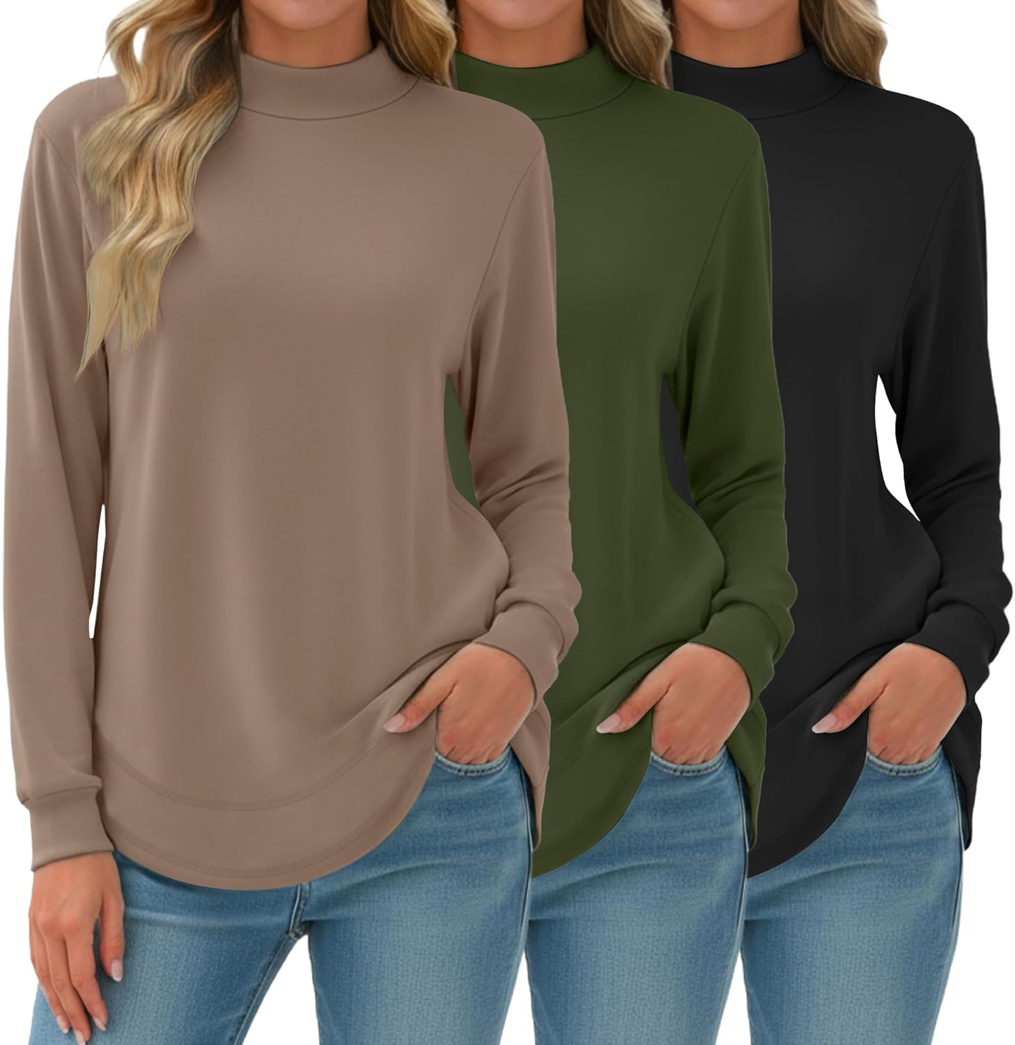 3 Pack Women's Mock Neck Sweatshirts Cotton Long Sleeve Tunic Pullover Loose fit Curved Hem Lightweight Shirts