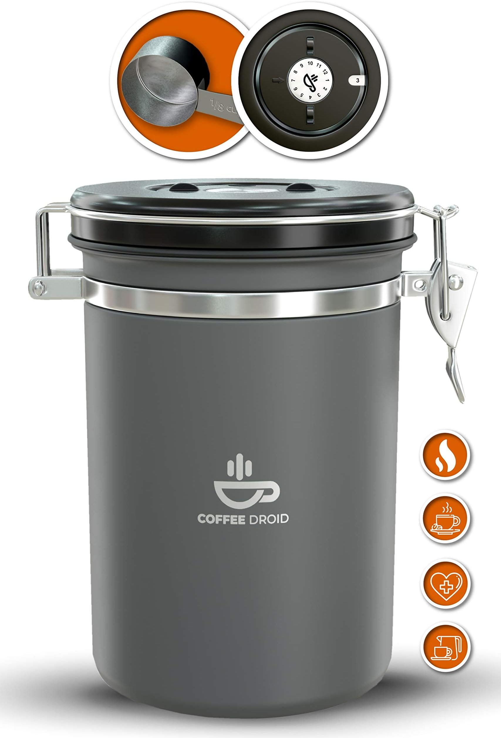 Premium Coffee Canister by Coffee Droid - Superior Stainless Steel - Large Container and Measuring Spoon - Airtight Seal and CO2 Valve Filter for Extra Freshness - Storage Date Tracking Wheel
