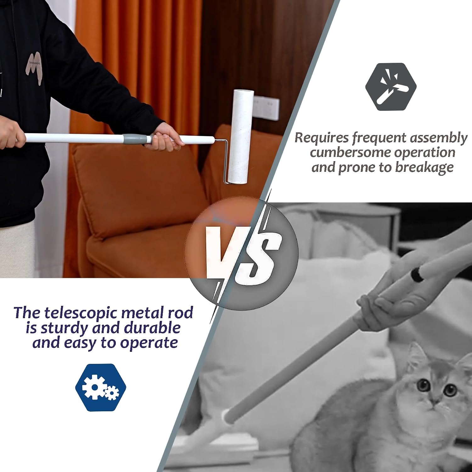 Large Lint Rollers for Pet Hair Extra Sticky, 9.45'' Long Handled Giant Lint Roller,6 Replaceable Rolls for Cleaning Carpets, Clothing, Couch, Furniture Wall Cleaner Mop Dust Remover