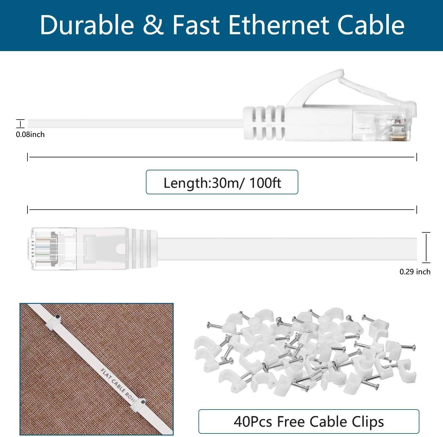 DEEGO Ethernet Cable 100 ft, Cat6 Flat Internet Cable,Extra Long LAN Network Cable Patch Cord with Clips with Snagless Rj45 Connectors, Slim High Speed Computer Wire, Faster Than Cat5 5e Cables,White