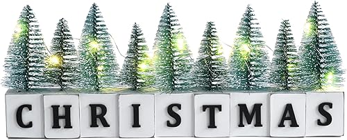 Decoración de mesa de árbol de Navidad con iluminación LED, decoración de Navidad de madera rústica con mini árboles, mesa de bloque de letrero de