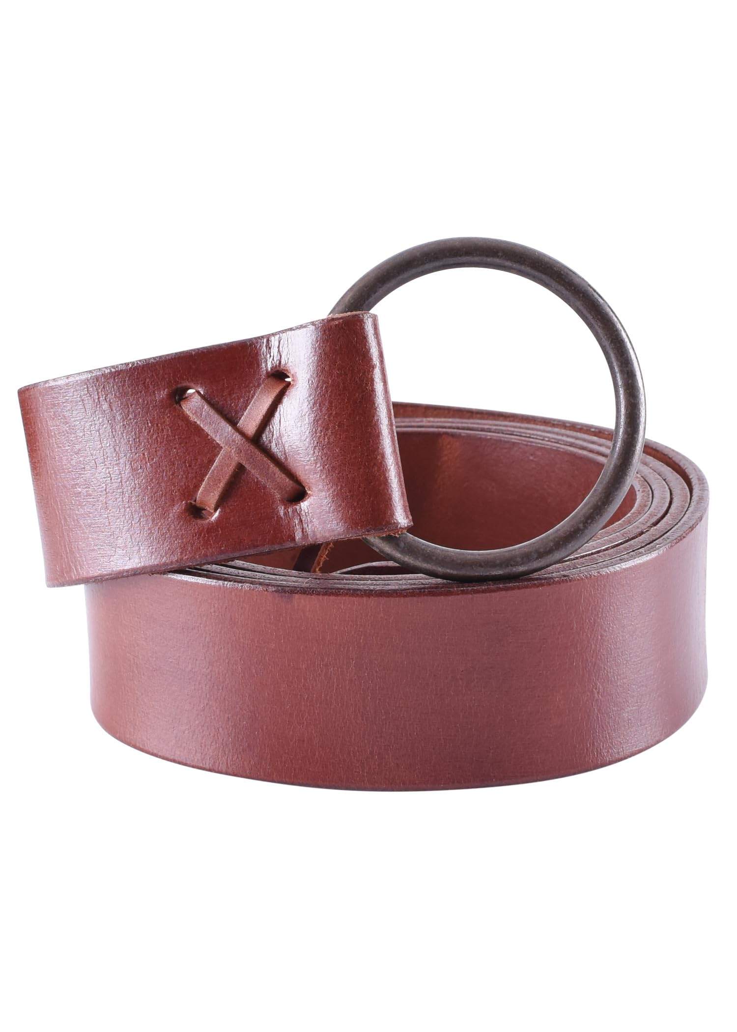 Battle-Merchant Men's Red - Wide Medieval Leather Belt With Brass Ring - Larp, Reenactt - Extra Long - 190 Cm