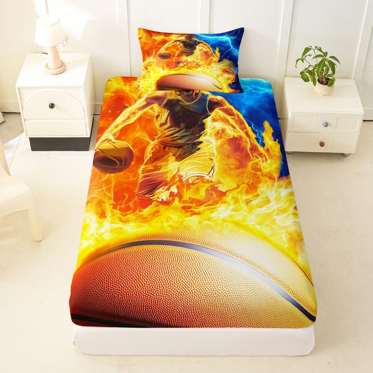 Erosebridal Basketball Twin Bedding Sets for Boys Girls, Basketball Players Team Gifts Kids Bed Sheets Set, Sports Theme Fitted Flat Sheet, 3D Ball Gaming Bed Sets Room Decor image 4