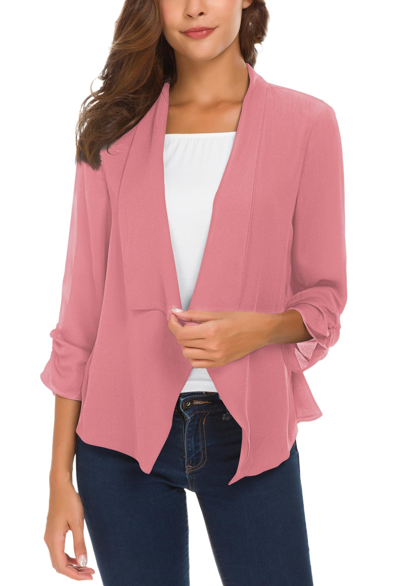 Urban CoCo Women's Ruched Sleeve Lightweight Thin Chiffon Blazer