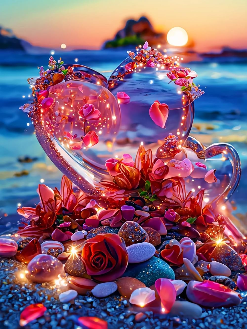 RKFLGEW Kit De Bordado De Cuentas DIY Corazón De Amor De Playa Y Rosas Rojas Patrón De Bordados Con Cuentas，Kit De Bordado Con Cuentass，Juego De Perla Para Colgar En La Pared En 3D 30x40cm
