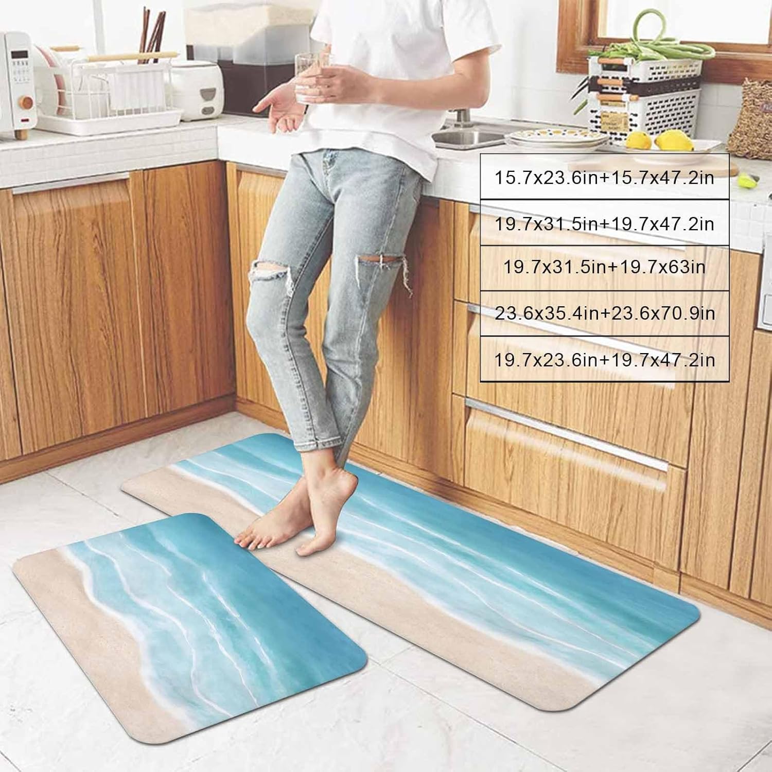 Summer Blue Beach Kitchen Mats Set of 2 Coastal Nautical Watercolor Gradient Ocean Waves Non Slip Mat Washable Floor Rug for Kitchen Sink Floor Laundry, 20"x24"+20"x48"