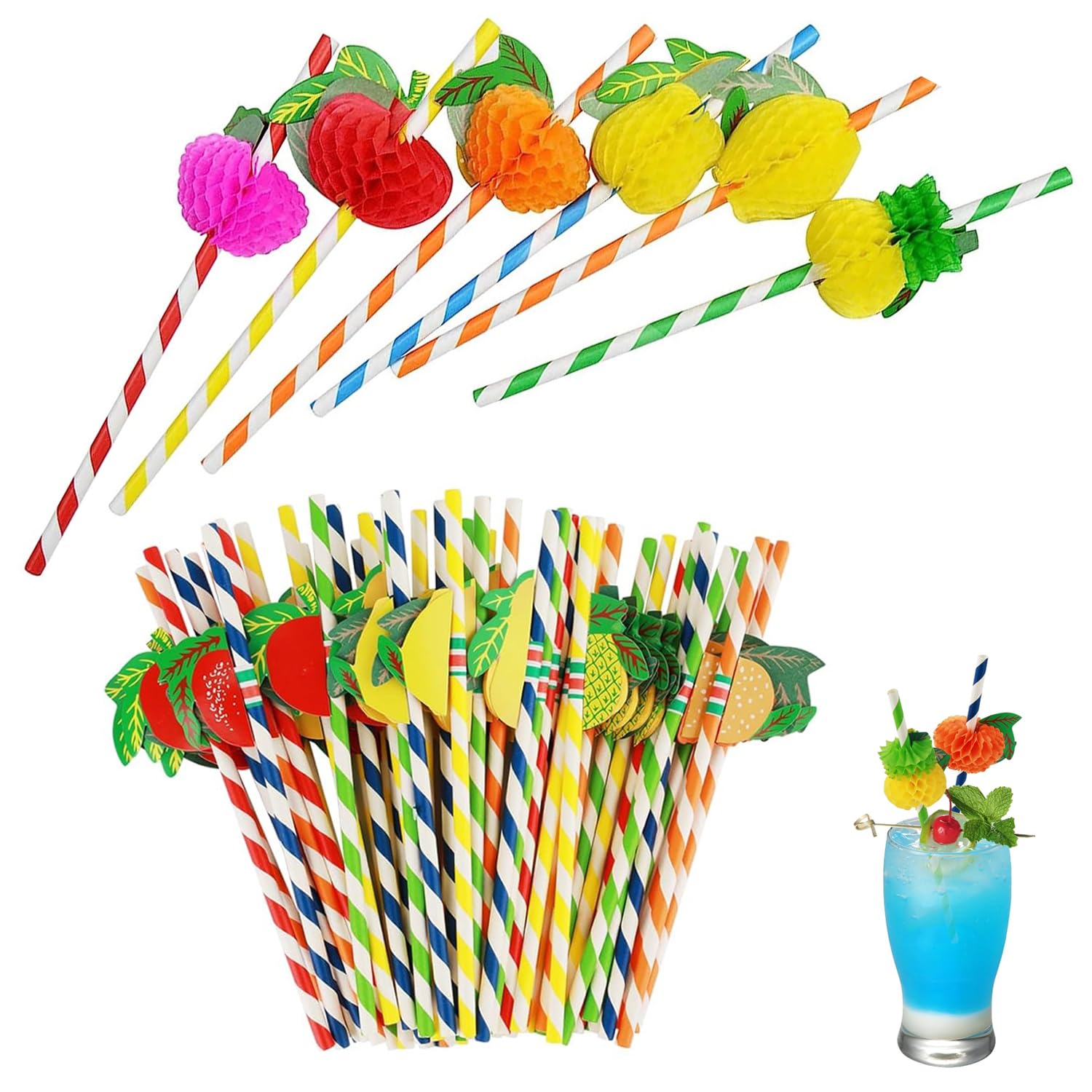 60 Vibrant Cocktail Straws - Tropical Themed Paper Straws for Summer Parties, Hawaiian Luau Decorations, and Refreshing Beverages