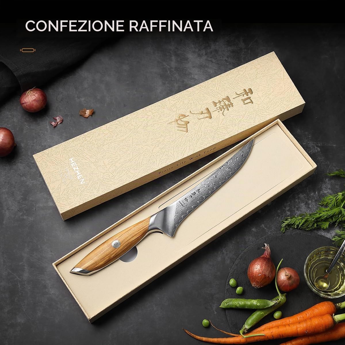 HEZHEN Damasco Coltello per Sfilettare, Coltello Da Filetto Acciaio Damasco Coltelli da Disosso Filettare Professionale, Manico in Legno Ergonomico