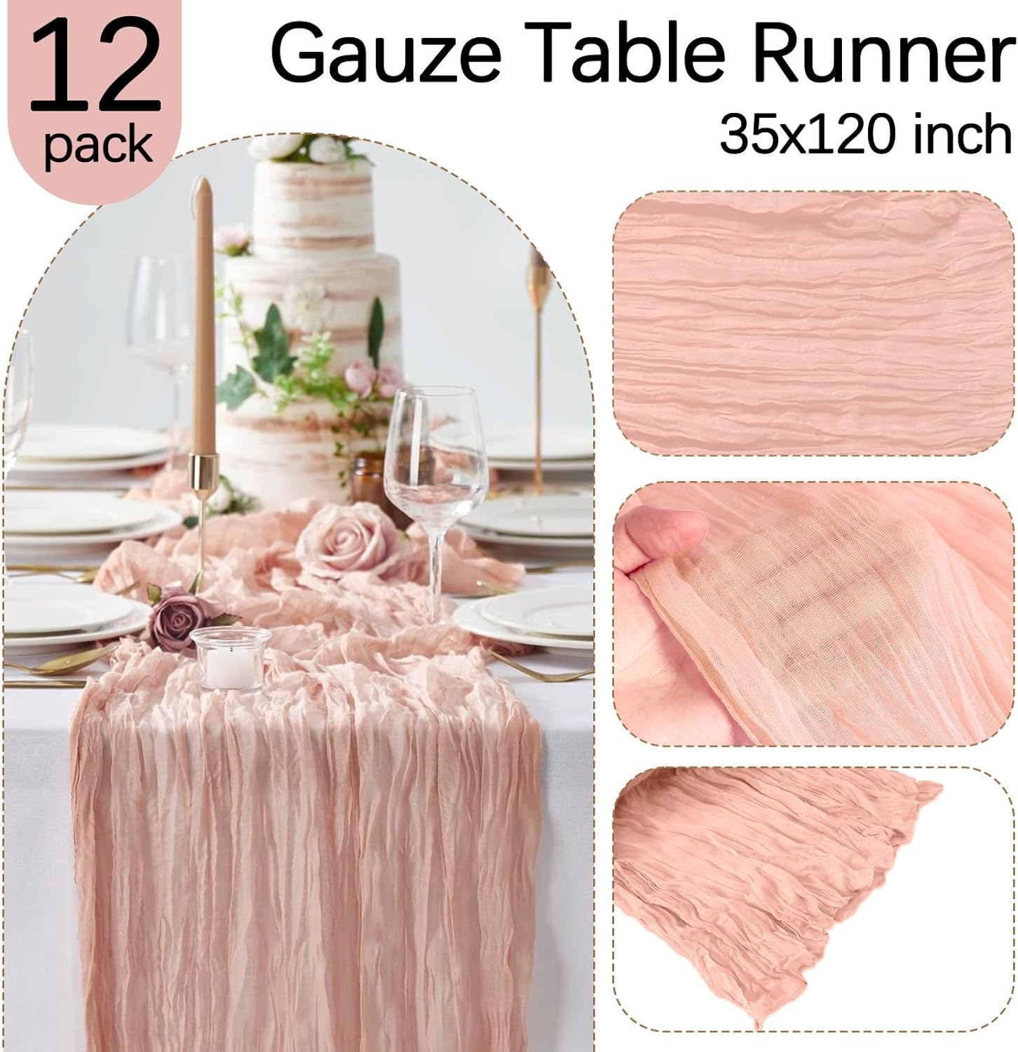 12 Pack Blush Pink Cheesecloth Table Runner 10FT Cheese Cloth Boho Gauze Fabric Table Runner 35 x 120 Inch Rustic Sheer for Spring Holiday Wedding Birthday Baby Shower Party
