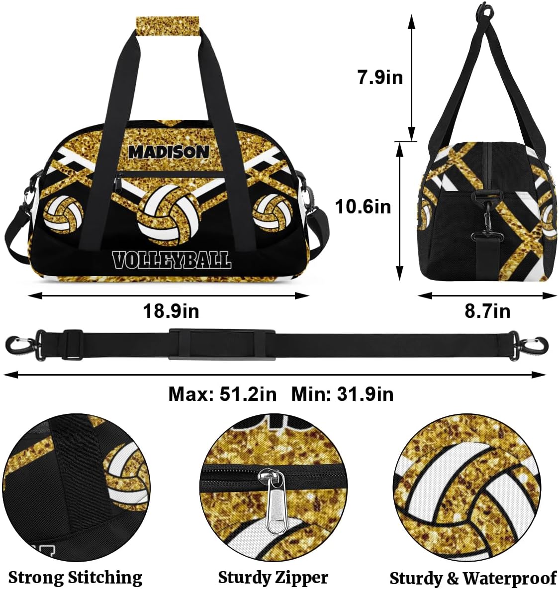 Custom Volleyball Bag for Sports Duffel Bag, Personalized Gym Bag Customize Travel Duffle Bag with Name, Gold Sequins with Black