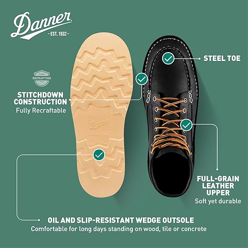 Miniatura 4 de Danner Botas de trabajo Bull Run de 6 pulgadas con punta de acero para hombre, cuero aceitado de grano completo con suela de cuña antideslizante y