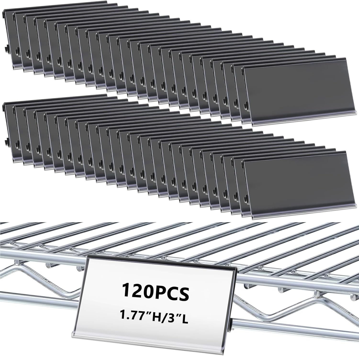 120 Pcs Wire Shelf Label Holders Compatible with Metro 1-1/4" Shelves, 3x1.25 Inch Plastic Wire Rack Label Holder, Clip-On Price Tag Shelf Clips for Retail, Storage, Pantry Organization, Black