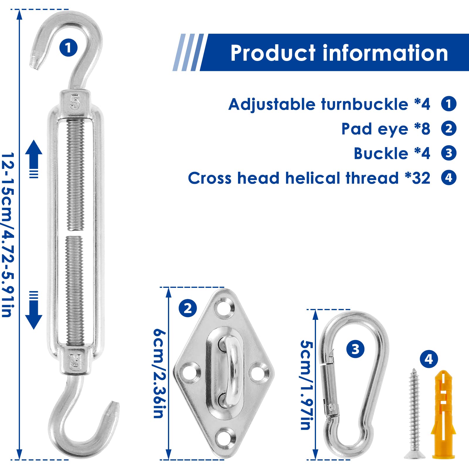 80Pcs Shade Sail Hardware Kit Stainless Steel Heavy Duty Sun Shade Installation Kit Triangle Rectangle Square Sun Shade Sail Accessories for Outdoor Garden Patio Yard(5mmpe Bag)