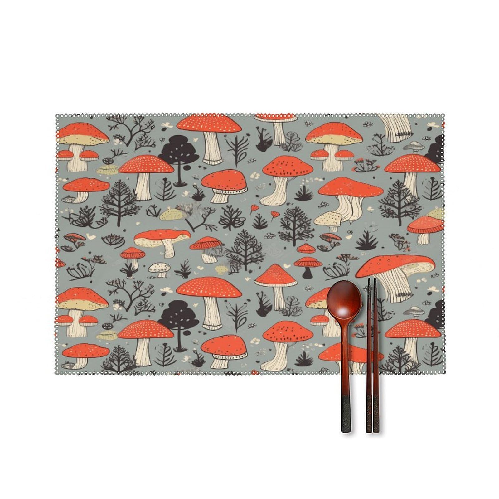 Mushroom Placemats Set of 4 Canvas Place Mats Non-Slip Heat Resistant Table Mats Washable Waterproof Placemat Wipeable Tablemats for Kitchen Dining Decor Place Mat