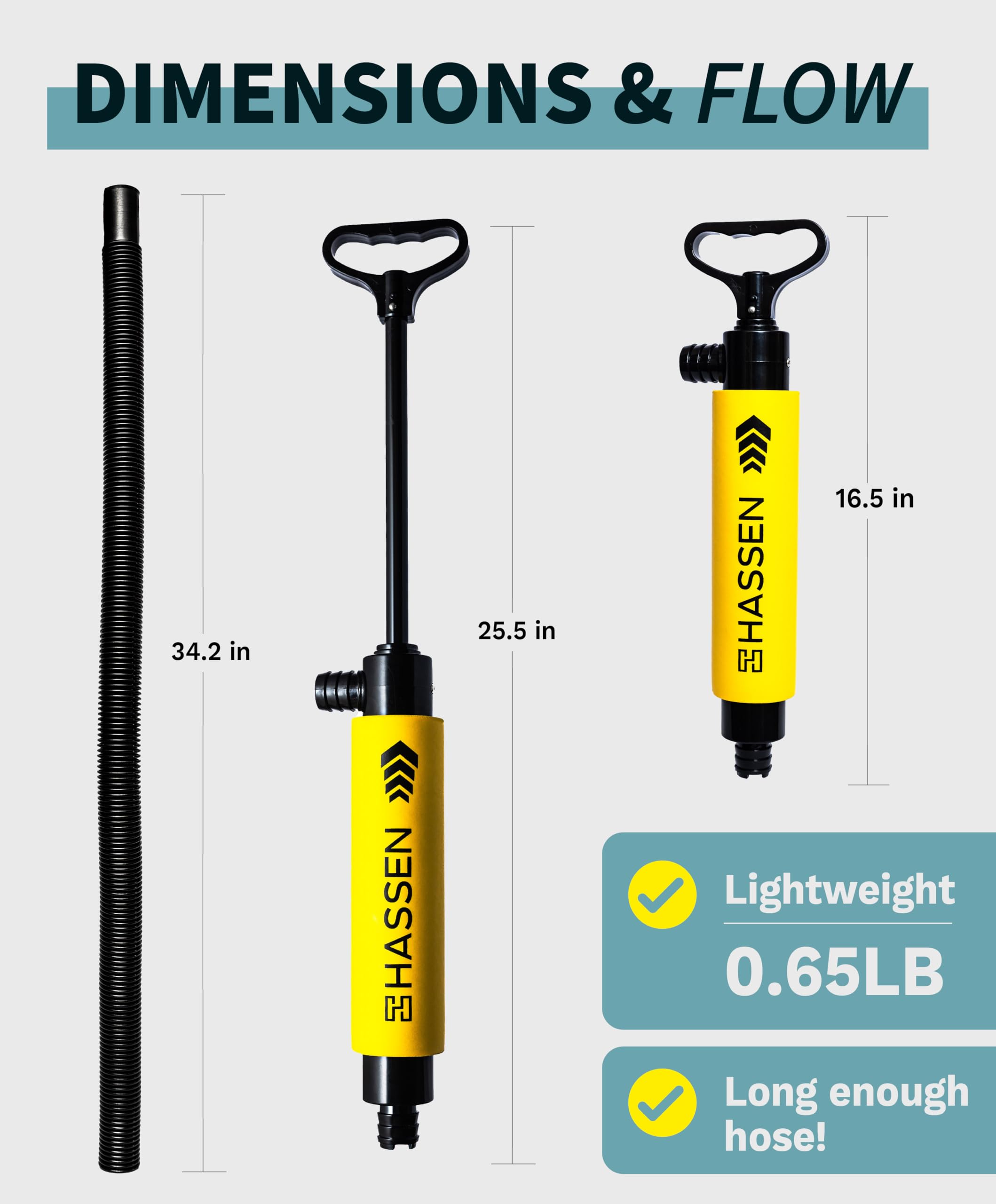 HASSEN Manual Bilge Pump for Boats Portable Hand Water Pumps for Kayak & Canoe - Long Hose Marine Safety Equipment Must Haves, Emergency Water Removal Suction Tool Camping & Home