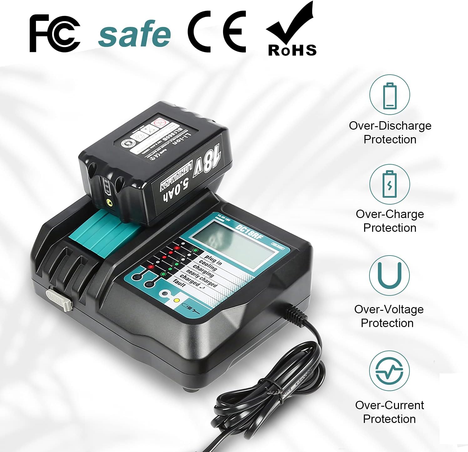DC18RF Fast Charger Compatible with Makita 18V Battery, Replacement for Makita 18v Charger with LCD Display & USB Port, Fits 14.4V/18V Lithium-Ion Batteries BL1815 BL1830 BL1850 BL1860 - Image 4