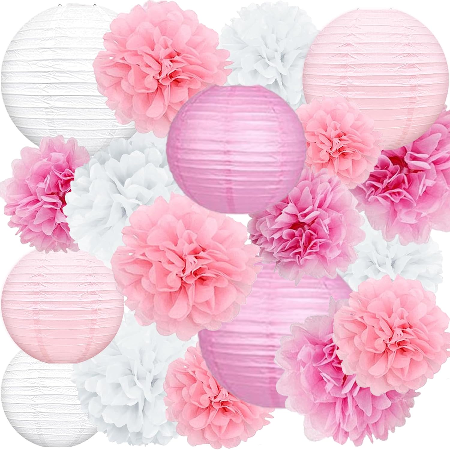 Celehappy Pink Paper Lanterns Decoration Tissue Paper Pom Poms Paper Flower 18pcs Party Decorations for Baby Shower Wedding Valentine Birthday Party - Hot Pink/Pink/White