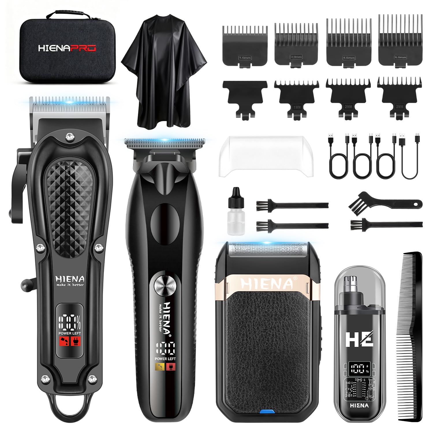 HIENA PRO Maquina de Cortar Pelo Hombre, Inalámbrico Cortapelos, Recortadora de Barba, Afeitadora de Láminas, Cortapelos de Nariz, Juego Completo Kit Barbero Eléctrico