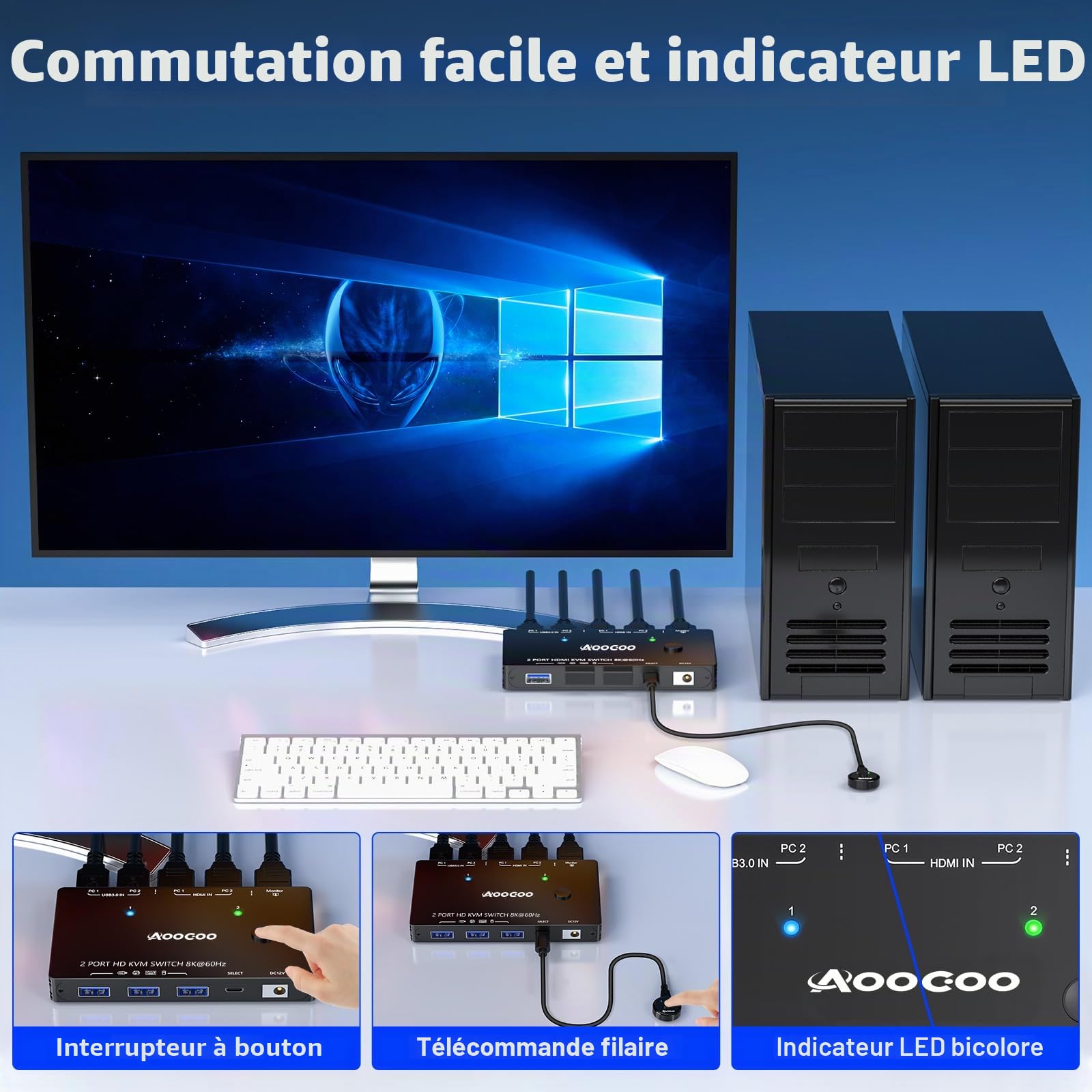 Commutateur KVM HDMI 2.1 8K à 60 Hz, commutateur KVM pour 2 PC et 1 écran avec port USB 3.0, télécommande filaire, câble USB 3.0 inclus