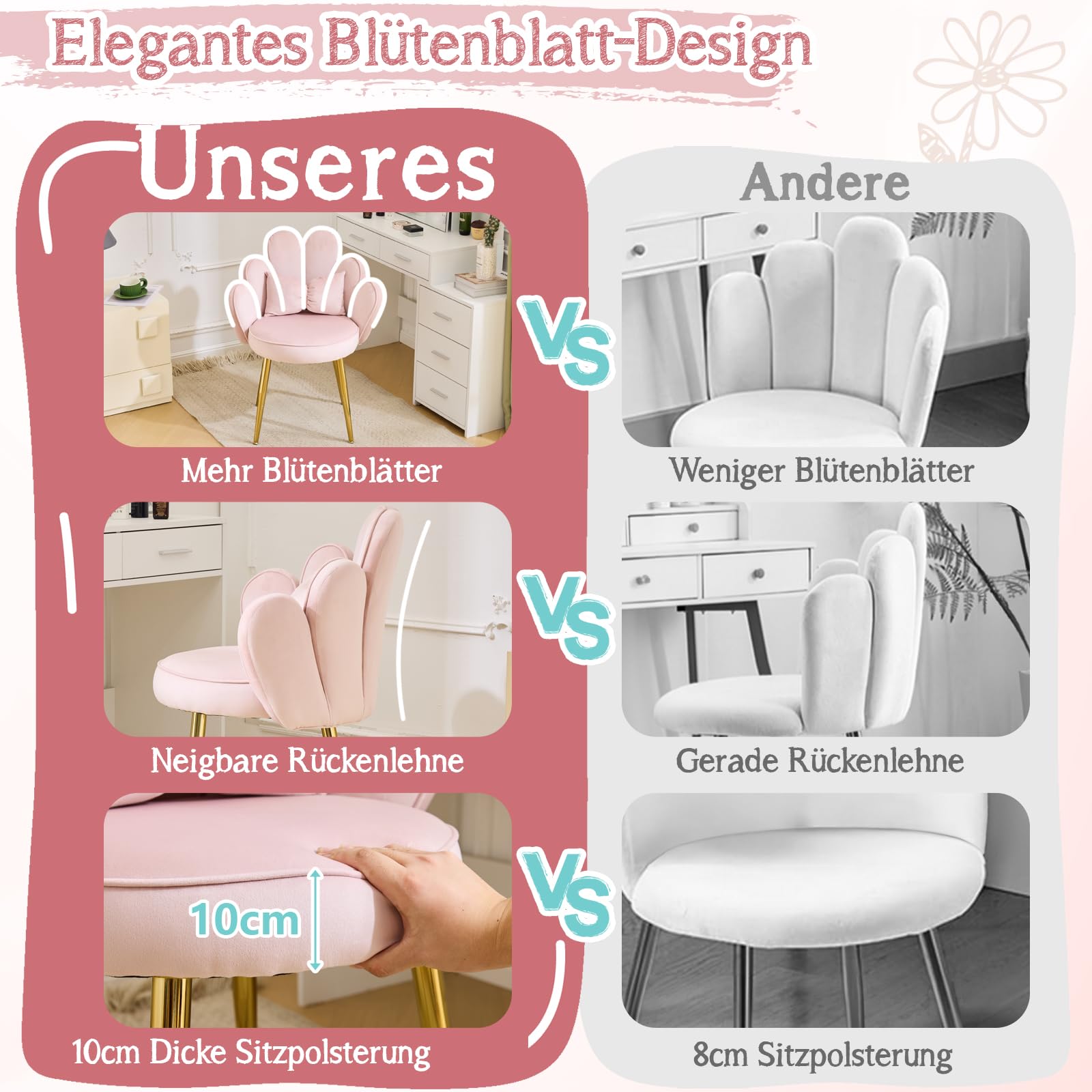 Bonnlo Schminktisch Stuhl mit Blütenblatt-Rückenlehne, Sessel Wohnzimmer, Schminkstuhl, Moderner Esszimmerstuhl mit verstellbaren Goldbeinen & Schleifenkissen für Schlafzimmer, Homeoffice, Rosa