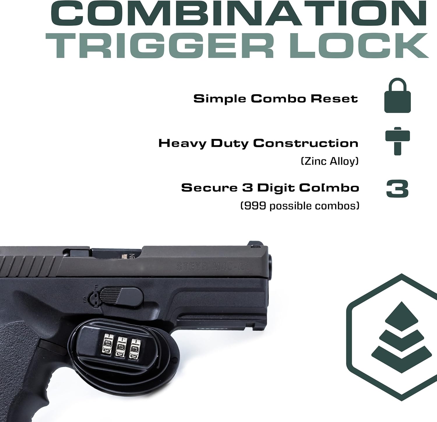 Evergreen Customizable 3 Digit Combination Universal Trigger Lock for Handguns, Pistols, Rifles, Shotguns, BB Guns, AR, Firearms