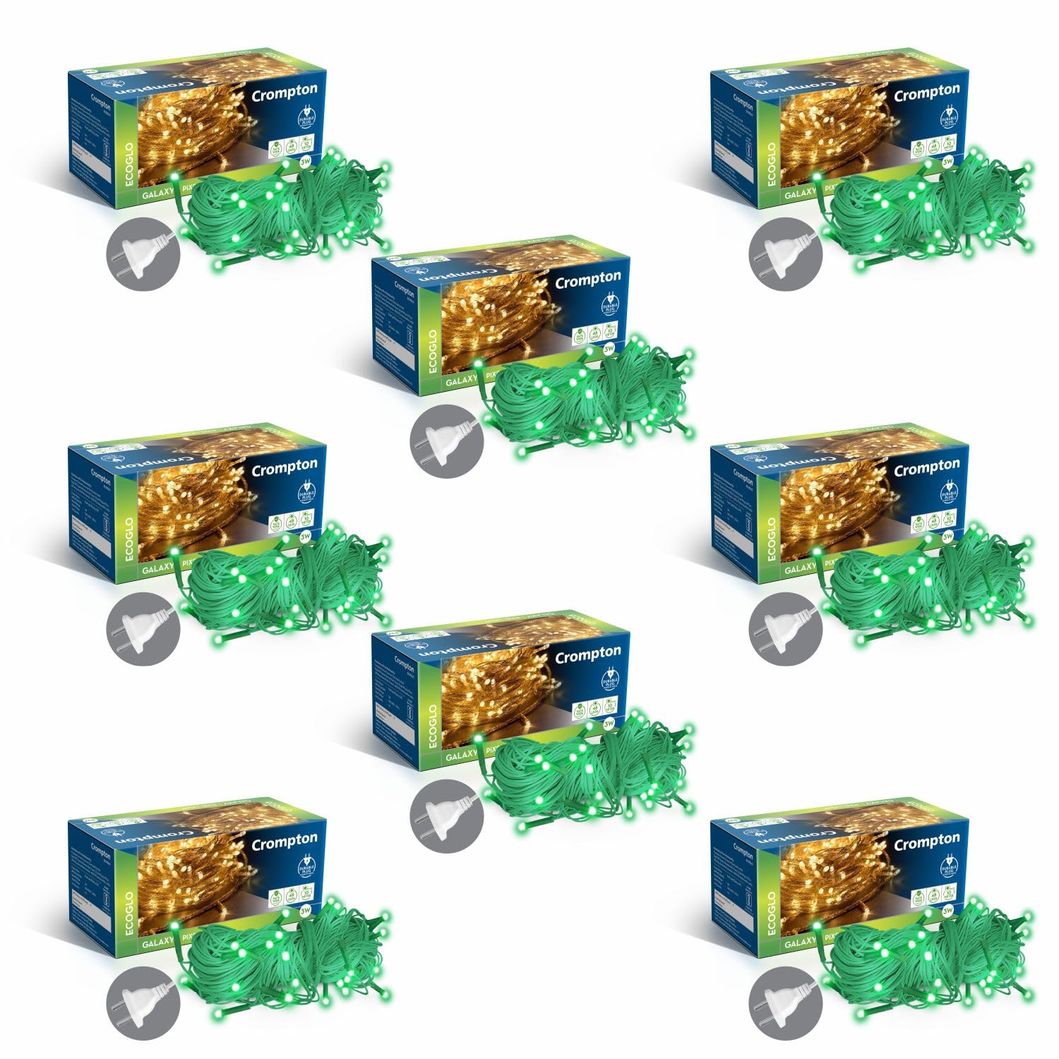 Crompton Galaxy Pixel Light | Festive Ladi Lights | 10 Meter | 48 LEDs | Green | Pack of 8 | Direct 2-pin Plug | BIS Safe Wire | for Home Decoration, Diwali, Festival, Birthday, Marriage