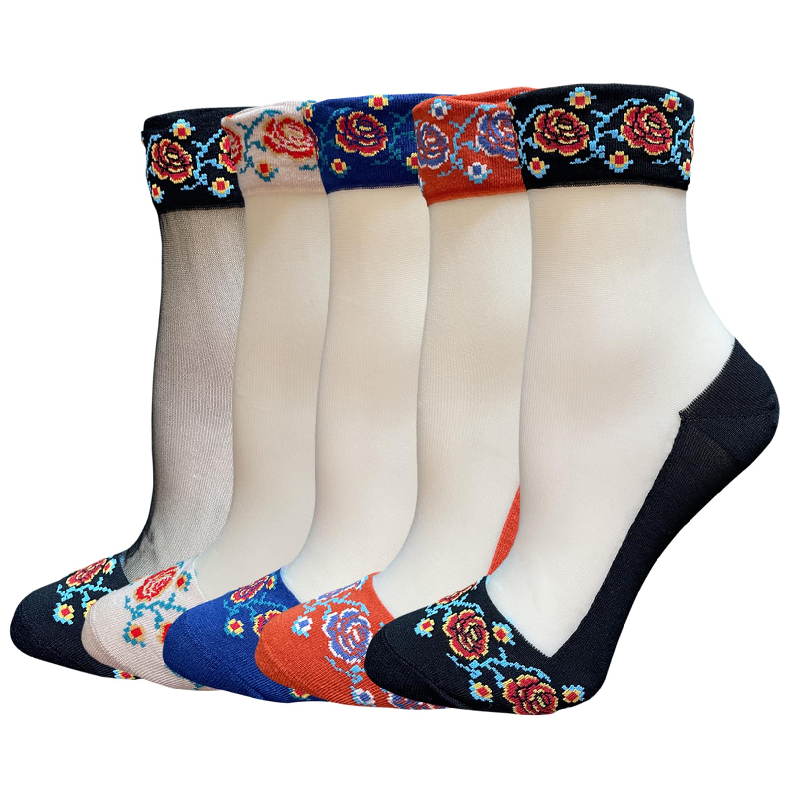 DXYAKY 5 Pairs Sheer Floral Socks for Women, Lightweight Mesh Ankle Lace Socks, Breathable Summer Cute Transparent Stockings