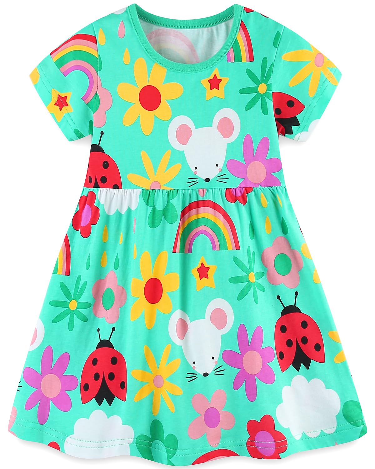 Bumeex Toddler Girls Summer Dress Clothes Cotton Casual Cartoon Print Short Sleeve Dresses Girls Sundress 1-7 Years