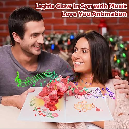 Miniatura 2 de MZD8391 Light Music & Pop Up - Tarjeta de felicitación 3D, ramo de rosas, regalo romántico para el día de San Valentín, tarjetas de feliz