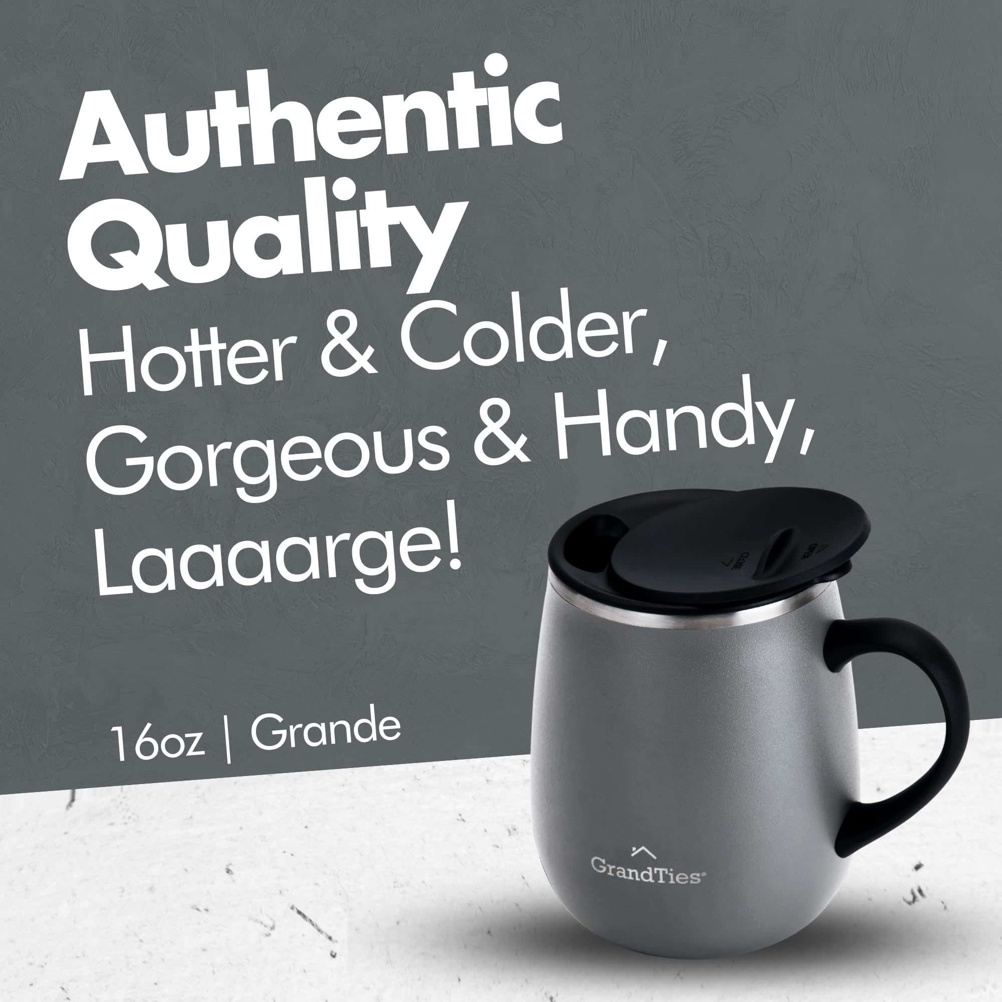 GRANDTIES Thermal Coffee Mug with Handle - Sliding Lid for Splash Guard 480 ml - Stone Grey, L, Grey, Gray, Large (Pack of 1) - Image 2