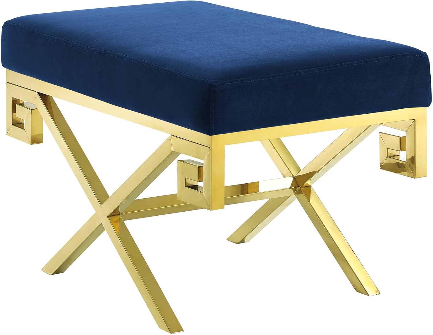 Modway Rove Greek Key X-Base Entryway Modern Bench With Velvet Upholstery in Gold Navy