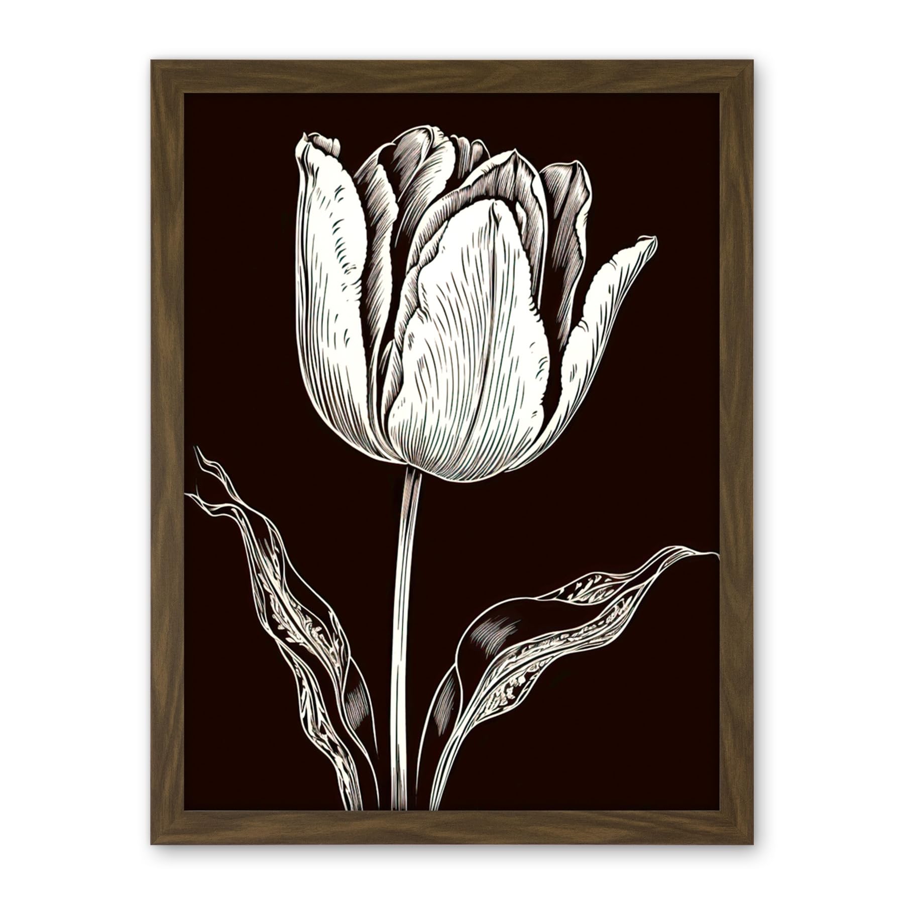 Artery8 Tulip Flower Black and White Contour Folk Art Artwork Framed Wall Art Print 18X24 Inch