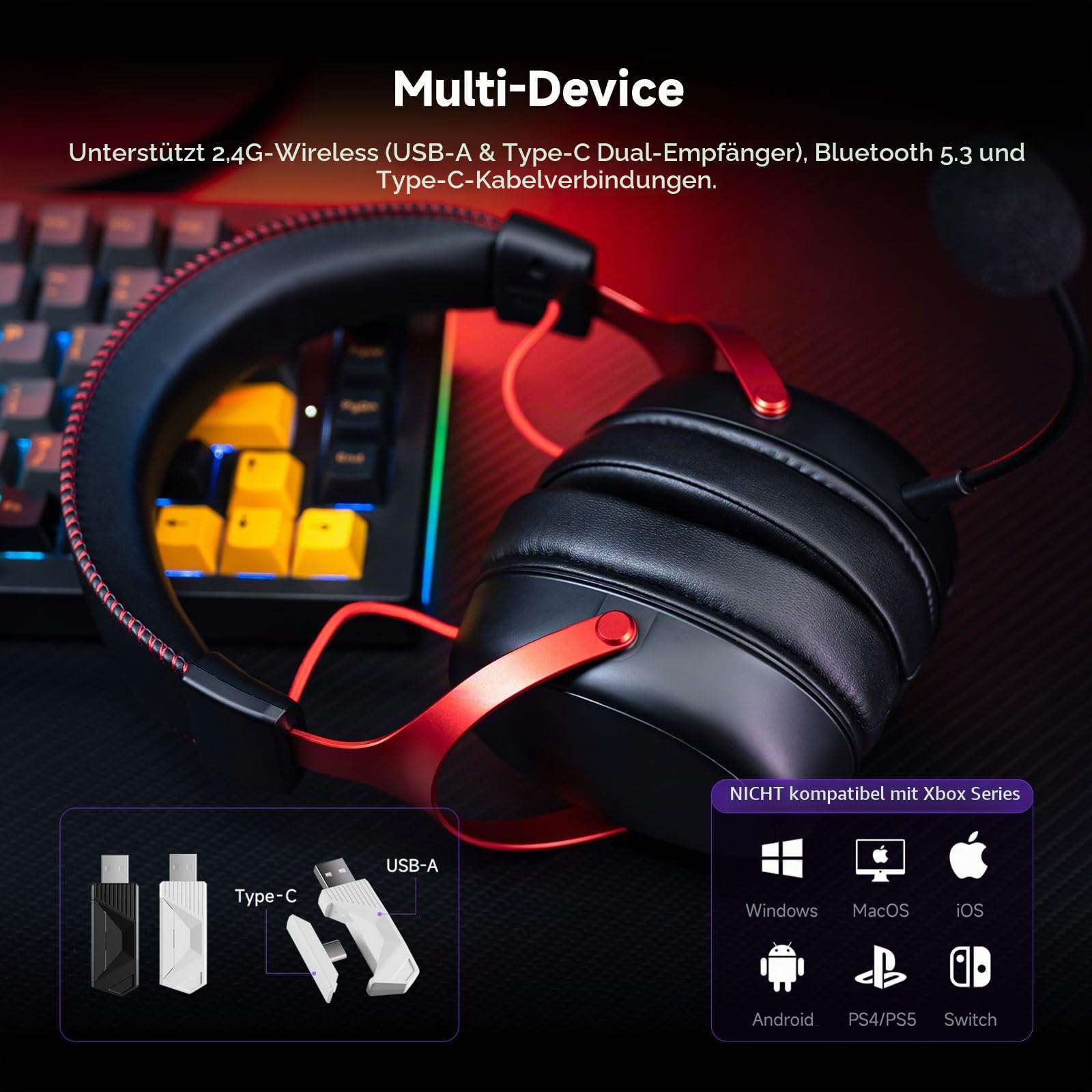 Akko Verge S9 Gaming Headset Kabellos 25ms Niedrige Latenz 270g Leicht | 53mm Treiber, Quad-Modus 2.4G Bluetooth Kabel, Mikrofon mit Geräuschreduzierung, 250H Akku, für PC PS5 PS4(Schwarz Rot)