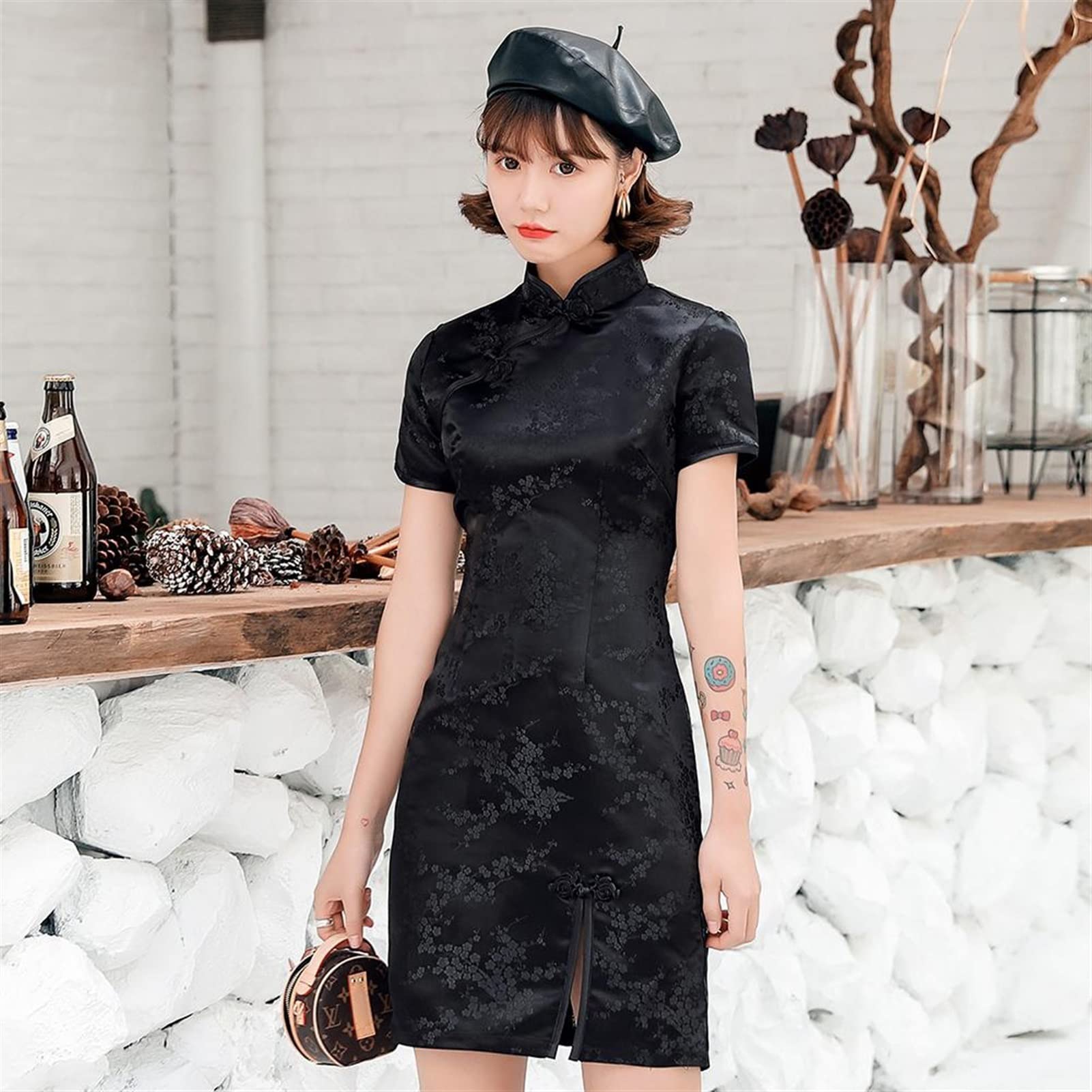 YZDKJ Female Qipao Mandarin Collar Short Cheongsam Elegant Chinese Dress Gold Flower (Color : Black Flower, Size : M)