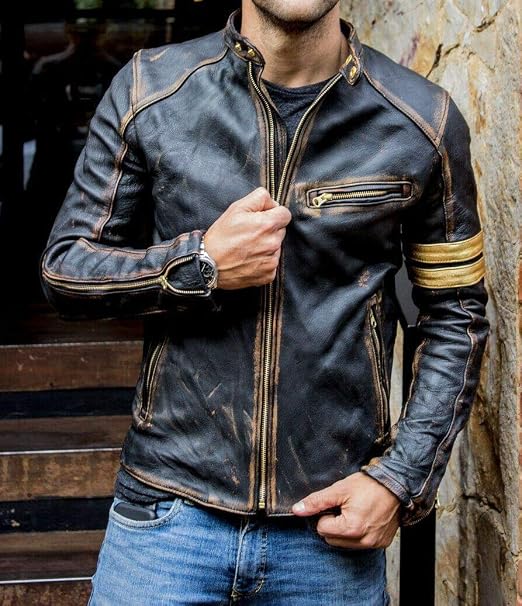 Herren Vintage Cafe Racer Schwarz Braunes Leder