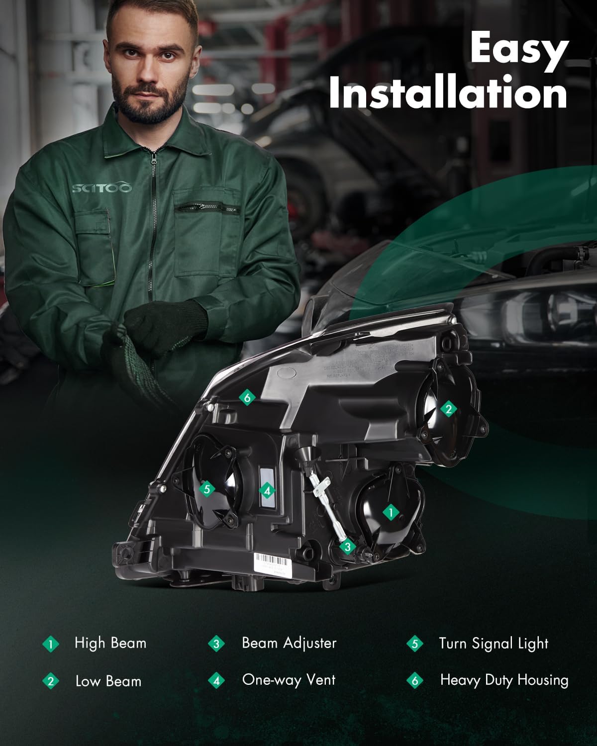 SCITOO Headlight Assembly Fit 2008-2014 For Cadillac CTS Black Housing Amber Reflector Pair Headlights 14-01122R