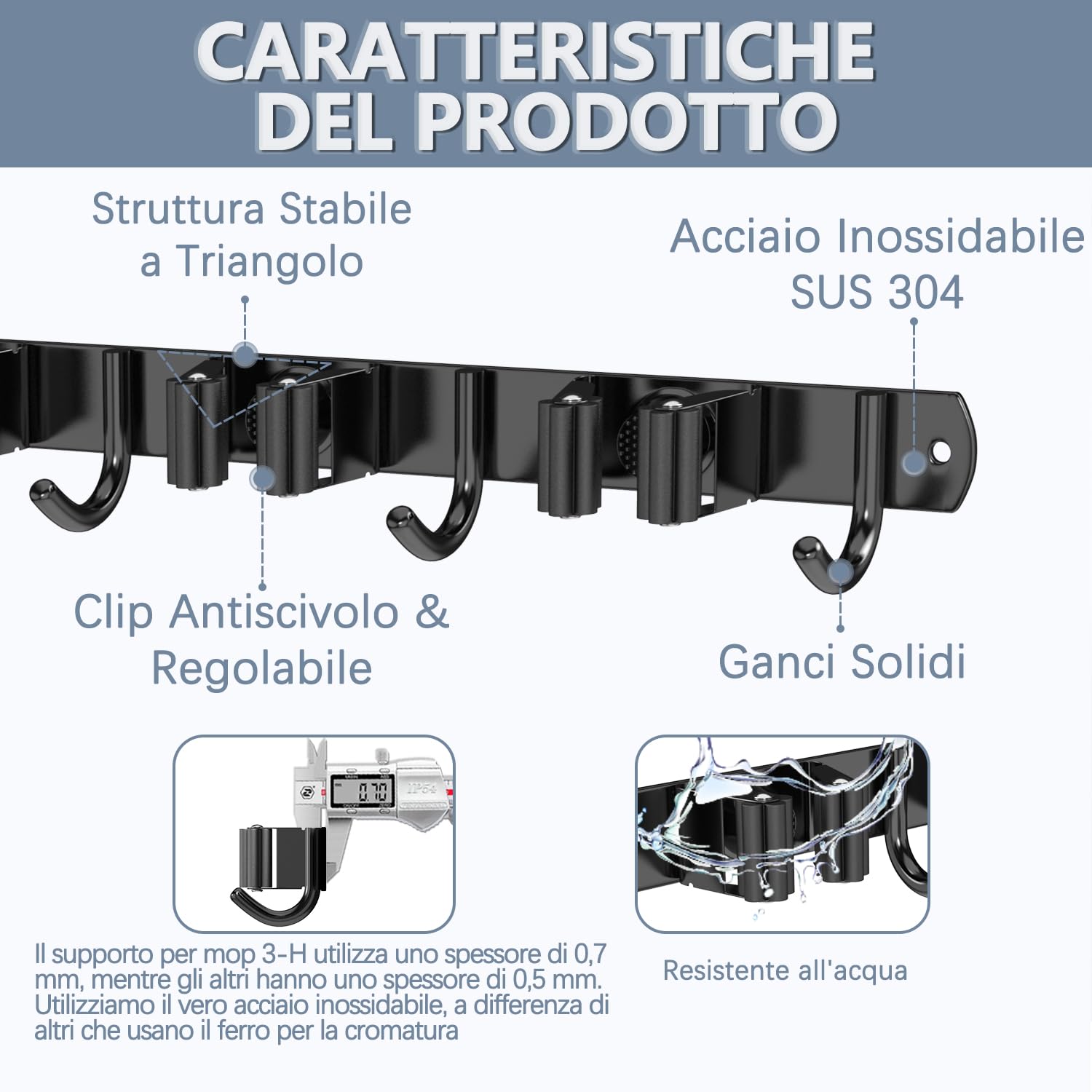 Porta Scopa Da Parete Con 5 Supporti E 4 Ganci, Soluzione Di