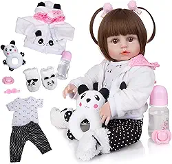 Bebê Reborn Boneca Menina de Silicone Original Pode dar Banho (Menina Panda 48cm)