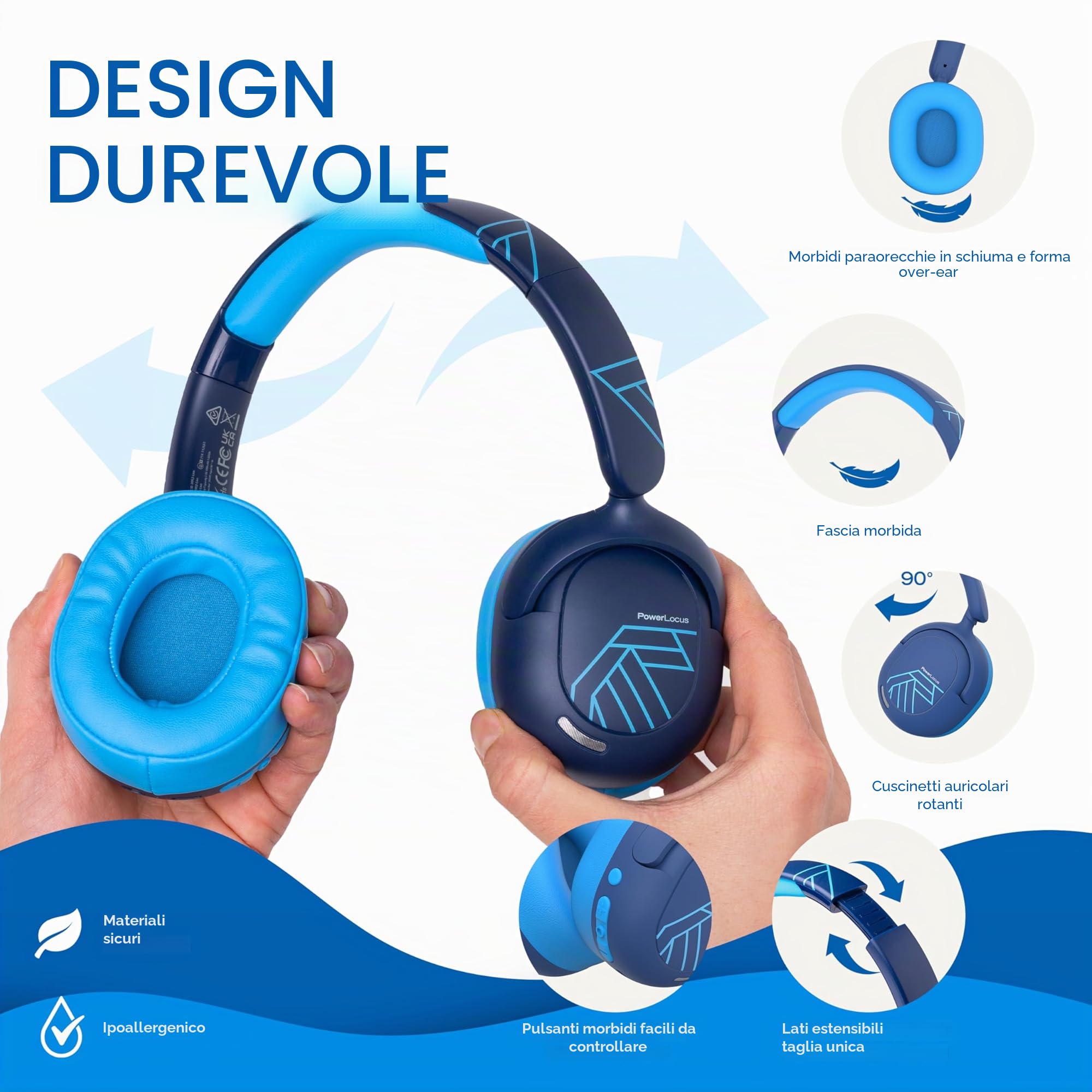 PowerLocus Cuffie Bluetooth per Bambini, Cuffie Over Ear con Cancellazione del Rumore Attiva, Cuffie con Limitatore Volume 74/85/94dB, 70 Ore Autonomia, Boom Microfono e Custodia per Viaggi, Tablet