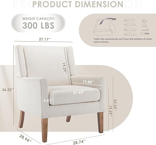 Miniatura 2 de COLAMY Silla moderna de ala para sala de estar, sillón tapizado de tela, sofá individual con asiento de salón y patas de madera para