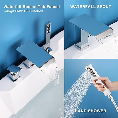 Vista 19 de Grifo de bañera romana en cascada con ducha de mano, grifo de bañera negro mate, 3 agujeros, relleno de bañera generalizado, montaje en cubierta